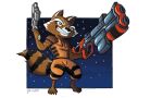 2017 5_toes action_pose anthro assault_rifle brown_body brown_fur claws digital_media_(artwork) feet fur grin guardians_of_the_galaxy gun male mammal marvel pose procyonid raccoon ranged_weapon rasmussen891 rifle rocket_raccoon signature simple_background smile solo space standing star tail toe_claws toes weapon white_background yellow_jumpsuit