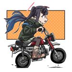  1girl alternate_costume black_hair black_pantyhose blue_archive blunt_bangs brown_footwear commentary_request demon_girl demon_horns driving from_side fur-trimmed_jacket fur_trim fuuka_(blue_archive) green_jacket green_skirt halo highres honda_cb50 horns jacket long_hair long_sleeves motor_vehicle motorcycle on_motorcycle pantyhose red_eyes sidelocks simple_background skirt solo twintails washin white_background 