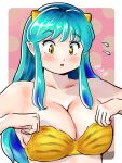  1girl animal_print aqua_hair bikini blush breasts cleavage highres horns kenken28937178 large_breasts long_hair lum oni oni_horns solo swimsuit tiger_print urusei_yatsura yellow_eyes 