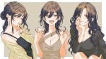  1girl ;o alternate_costume alternate_hairstyle black_hair blush breasts cleavage commentary_request finger_to_mouth hair_between_eyes hair_bun highres idolmaster idolmaster_shiny_colors jewelry large_breasts long_hair looking_at_viewer multiple_views necklace one_eye_closed paddy_field ring ring_necklace shirase_sakuya shushing simple_background single_hair_bun smile two-tone_background upper_body very_long_hair wavy_hair wolf_cut 