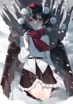  1girl absurdres bird_wings black_hair black_skirt black_wings collared_shirt frilled_skirt frills hat highres icicle kneeling lotus_eaters notebook pointy_ears red_eyes scarf shameimaru_aya shirt skirt snow solo tokin_hat toraneko_2 touhou white_shirt wings 