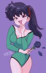  1girl absurdres black_flower black_hair black_rose breasts closed_mouth flower green_leotard highres kunou_kodachi large_breasts leotard long_hair looking_at_viewer open_mouth ranma_1/2 ribbon rose side_ponytail smile solo thighs tsunemoku 