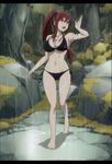  1girl bikini breasts erza_scarlet fairy_tail feet highres large_breasts long_hair midriff navel open_mouth pony_tail ponytail rain red_hair screencap solo stitched swimsuit tatoo tattoo wet 