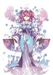  bad_id bad_pixiv_id breasts bug butterfly fan folding_fan ghost hat highres hitodama insect ippopotamo japanese_clothes medium_breasts obi pink_eyes pink_hair saigyouji_yuyuko sash short_hair smile solo sticker touhou triangular_headpiece 