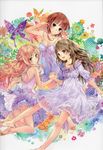  atelier_(series) atelier_meruru atelier_rorona atelier_totori bare_legs barefoot blonde_hair blue_eyes braid breasts brown_eyes brown_hair bug butterfly chemise cleavage colorful dress floral_background flower half_updo happy highres holding_hands insect kishida_mel long_hair medium_breasts merurulince_rede_arls multiple_girls official_art rororina_fryxell short_hair skirt smile totooria_helmold white_dress 