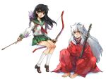  1boy 1girl animal_ears arrow_(projectile) barefoot black_hair bow bow_(weapon) brown_eyes brown_footwear commentary_request dog_boy dog_ears green_sailor_collar green_skirt hands_on_lap higurashi_kagome holding holding_arrow holding_bow_(weapon) holding_sword holding_weapon inuyasha inuyasha_(character) invisible_chair japanese_clothes kneehighs long_hair long_sleeves looking_at_viewer miniskirt necktie on_ground open_mouth pants puffy_pants red_bow red_necktie red_pants sailor_collar scabbard school_uniform serafuku shadow sheath shima_(inukago) sidelocks sitting skirt sleeve_cuffs smile socks sword weapon white_hair white_socks yellow_eyes 