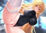  1girl :q alternate_breast_size anus black_one-piece_swimsuit blonde_hair blue_archive blurry blurry_background breasts censored commentary_request competition_school_swimsuit covered_navel elbow_gloves english_commentary from_below gloves hair_between_eyes halo hands_on_own_breasts highleg highleg_swimsuit huge_breasts indoors long_hair looking_at_viewer maze_yuri mixed-language_commentary mosaic_censoring multicolored_clothes multicolored_swimsuit one-piece_swimsuit pink_halo pussy school_swimsuit shokuhou_misaki solo sparkling_eyes spider_web_print swimsuit thighhighs thighs toaru_kagaku_no_mental_out toaru_kagaku_no_railgun toaru_majutsu_no_index tokiwadai_school_swimsuit tongue tongue_out two-tone_one-piece_swimsuit very_long_hair wet wet_clothes wet_swimsuit white_gloves white_one-piece_swimsuit white_thighhighs yellow_eyes 