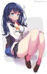  1girl black_hair black_skirt blue_eyes breasts brown_footwear cardigan closed_mouth commentary_request grey_background gridman_universe hong_(white_spider) loafers looking_at_viewer medium_breasts patreon_username school_uniform shoes skirt solo ssss.gridman takarada_rikka thick_thighs thighs two-tone_background white_background white_cardigan 