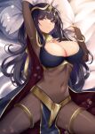  1girl armpits arms_up bed_sheet black_cape black_hair blunt_bangs bodystocking bracelet breasts bridal_gauntlets cape circlet cleavage commentary_request covered_navel cowboy_shot fire_emblem fire_emblem_awakening jewelry kirishima_satoshi large_breasts long_hair looking_at_viewer lying neck_ring on_back paid_reward_available parted_lips pelvic_curtain pillow pillow_grab purple_eyes red_cape shadow sidelocks solo tharja_(fire_emblem) thighlet two-sided_cape two-sided_fabric two-tone_cape two_side_up 
