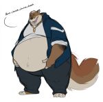 anthro belly big_belly bottomwear canid canine canis clothed clothing conell coyote english_text exposed_belly hands_on_stomach hi_res jewelry leaning leaning_forward male mammal necklace open_clothing open_mouth open_shirt open_smile open_topwear overweight overweight_anthro overweight_male pants shirt smile soft_belly solo standing tail teasing text thick_thighs topwear