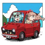  2girls :d alternate_costume animal_ear_fluff animal_ears aqua_hair blue_archive bow braid brown_hair casual commentary_request driving eyewear_on_head fox_ears fox_girl french_braid hair_between_eyes hair_bow hair_ribbon halo highres honda_civic long_hair long_sleeves low-tied_long_hair multiple_girls nodoka_(blue_archive) outdoors purple_eyes red_eyes ribbon shigure_(blue_archive) short_hair sidelocks sleeveless smile sunglasses twin_braids washin wind 