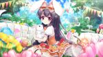  1girl animal_ears black_hair blue_flower blue_sky blurry blurry_foreground bow breasts chocolate cloud corset cup day dot_nose dress drinking_glass dutch_angle easter_egg egg fake_animal_ears fence film_grain flower food game_cg hair_bow heart holding_rabbit ichikishima_mizuha izumi_tsubasu large_bow lens_flare long_hair macaron medium_breasts non-web_source official_art orange_bow orange_corset orange_skirt outdoors parted_lips picket_fence pink_flower pink_petals pink_tulip puffy_short_sleeves puffy_sleeves purple_eyes rabbit_ears re:stage! red_flower red_rose rose round_table short_sleeves sitting skirt sky solo sparkle straight_hair string_of_flags table tablecloth tiered_tray tree tulip wariza white_dress white_flower white_rabbit_(animal) wooden_fence yellow_flower yellow_tulip 