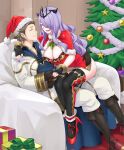  1boy 1girl alternate_costume breasts camilla_(fire_emblem) christmas christmas_tree commission couple fire_emblem fire_emblem_fates fire_emblem_heroes hair_over_one_eye hat hetero highres hood hood_down hooded_robe igni_tion indoors kiran_(fire_emblem) kiran_(male)_(fire_emblem) large_breasts purple_hair robe santa_hat sitting sitting_on_person 