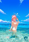  1girl absurdres ahoge artist_name blue_archive blue_sky blush bow breasts green_eyes hair_bow halo hanako_(blue_archive) highres large_breasts long_hair nipple_piercing nipples nude ocean outdoors parted_lips piercing pink_hair sky solo ta03545 unworn_bikini_bottom very_long_hair wading 