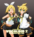  1girl aqua_eyes arm_warmers blonde_hair brother_and_sister character_name denim denim_shorts detached_sleeves deyezi hair_ornament hair_ribbon hairclip headphones headset holding_hands kagamine_len kagamine_rin navel necktie one_eye_closed open_mouth ribbon short_hair shorts siblings smile twins vocaloid yellow_neckwear 