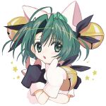  1girl animal_ears animal_hands antenna_hair bell blush cat_hat_ornament cropped_torso crossed_arms dejiko di_gi_charat fake_animal_ears gloves green_eyes green_hair hand_on_own_chin hat_bell highres looking_at_viewer neck_bell open_mouth parted_bangs paw_gloves pepeppepe101 short_sleeves smile solo star_(symbol) 