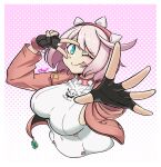  1girl :p absurdres blue_eyes bracelet breasts clover collar dress elphelt_valentine fingerless_gloves four-leaf_clover gloves guilty_gear guilty_gear_strive hairband highres jacket jewelry large_breasts long_sleeves one_eye_closed pink_hairband pink_jacket short_hair skijjyf smile spiked_bracelet spiked_collar spiked_hairband spikes tongue tongue_out upper_body v white_dress white_hair 