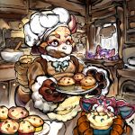 ambiguous_gender anthro apron baking bow_ribbon chef_hat claws clothing collar eating female food group hat headgear headwear heavyrivet horn kitchen kobold muffin pastry stealing trio