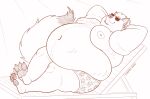 absurd_res anthro arctic_fox beach belly big_belly canid canine chest_tuft clothing crossed_legs eyewear facial_hair feet fox goatee hands_behind_head hi_res light light_beam lying male mammal on_back overweight overweight_anthro overweight_male relaxing seaside smile soft_belly solo sunbeam sunglasses sunlight swimming_trunks swimwear tail tuft tundrarodi