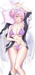  absurdres arm_up armpits bed_sheet bikini blue_archive blush breasts cameltoe collarbone dakimakura_(medium) double_bun feathered_wings hair_bun highres jacket large_breasts looking_at_viewer lying mika_(blue_archive) on_back open_clothes open_jacket pdxen pillow purple_bikini string_bikini swimsuit thong_bikini track_jacket white_wings wings 