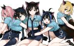  5girls ahoge alternate_costume animal_ears animal_hands black_eyes black_footwear black_hair black_necktie black_pantyhose black_thighhighs blonde_hair blue_eyes blue_hair blue_shirt blue_skirt breasts cat_ears cat_girl closed_mouth commentary_request cuffs double-parted_bangs fang from_behind gloves hair_between_eyes handcuffs highres hug kanojo_okarishimasu knees_up long_hair looking_at_viewer miyajima_reiji mizuhara_chizuru multicolored_hair multiple_girls multiple_views nanami_mami necktie open_mouth pantyhose paw_gloves pencil_skirt pink_hair police police_uniform policewoman sakurasawa_sumi sarashina_ruka shirt shirt_tucked_in short_hair simple_background single_thighhigh sitting skirt streaked_hair thighhighs uniform white_background yaemori_mini yellow_eyes 