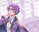  1girl artist_name azumishard bird brooch cape curtained_hair earrings eiyuu_densetsu indoors jacket jewelry kloe_rinz light_rays nail_polish purple_eyes purple_hair sen_no_kiseki short_hair smile solo sora_no_kiseki sunbeam sunlight tiara window 