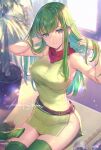  1girl adjusting_hair artist_name bare_shoulders breasts dress fire_emblem fire_emblem:_mystery_of_the_emblem fire_emblem:_shadow_dragon fujikawa_arika gloves green_dress green_eyes green_hair green_thighhighs highres large_breasts long_hair looking_at_viewer palla_(fire_emblem) plant potted_plant short_dress side_slit signature sitting sleeveless sleeveless_dress smile solo sunlight thighhighs unworn_gloves window zettai_ryouiki 