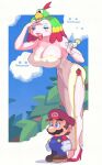  1boy 1girl blue_eyes blue_overalls breasts cleavage cloud colored_skin cup dodo_(super_mario_rpg) dress facial_hair gloves hat highres holding holding_cup inkerton-kun jewelry large_breasts mario mario_(series) mustache open_mouth overalls pink_skin red_footwear red_headwear simple_background sitting smile standing strapless strapless_dress super_mario_rpg teeth valentina_(super_mario_rpg) white_gloves 