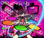  black_hair enomoto_takane gas_mask handheld_game_console headphone_actor_(vocaloid) headphones hexagon highres kagerou_project long_hair mameshiba29 playstation_portable red_eyes solo twintails vocaloid 