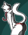 absurd_res anthro blue_stripes clothing fur glowing glowing_eyes hi_res long_tongue looking_at_viewer male miksu4542 notched_ear panties red_eyes scar scars_all_over solo stripes tongue underwear white_body white_fur