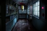  1other blood blood_splatter commentary_request dripping_blood facing_viewer hallway highres hood hood_up indoors kuro_kosyou original raincoat sketch solo upside-down window wooden_floor 