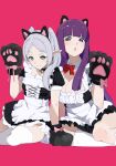  2girls absurdres alternate_costume animal_ear_fluff animal_ear_legwear animal_ears animal_hands apron arm_support black_background black_shirt black_skirt blunt_ends blush breasts cat_ear_legwear cat_ears cat_paws cleavage closed_mouth clothed_female_nude_male cross-laced_clothes enmaided fern_(sousou_no_frieren) frieren frilled_skirt frills gloves green_eyes grey_hair highres hime_cut kneehighs large_breasts long_hair looking_at_viewer maid miniskirt multiple_girls nude open_mouth paw_gloves pink_background pink_eyes puffy_short_sleeves puffy_sleeves purple_eyes purple_hair purple_pupils rokka_(rokka_013a) seductive_smile shirt short_sleeves sidelocks simple_background sitting skirt smile socks sousou_no_frieren thick_eyebrows twintails waist_apron wet_towel white_apron white_socks yokozuwari 
