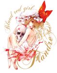  alternate_costume bare_shoulders barefoot blonde_hair blood bow camisole character_name feet flandre_scarlet hair_over_one_eye hat hat_bow highres kyachi looking_at_viewer red_eyes short_hair side_ponytail skull slit_pupils solo torn_clothes touhou traditional_media vampire watercolor_(medium) 