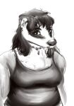 2023 anthro badger clothed clothing ear_piercing female fully_clothed greyscale hair hi_res jewelry mammal monochrome mustelid musteline necklace oddwilds piercing simple_background slightly_chubby slightly_chubby_anthro slightly_chubby_female solo white_background