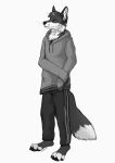absurd_res anthro arctic_fox baggy_clothing canid canine chest_tuft clothed clothing cross_fox cute_expression dipstick_tail drawstring drawstring_topwear fox hands_in_sleeves head_tuft hi_res hoodie hybrid inner_ear_fluff kikonine male mammal markings monochrome no_shoes paws red_fox sketch solo tail tail_markings topwear track_pants tracksuit tuft whiskers yaxley_warrick_(doppelfoxx)