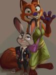 2023 3:4 anthro belt black_clothing black_suit canid canine clothed clothing colored_nails crossdressing dipstick_ears disney dress duo female flower_accessory footwear fox fur gesture gloves_(marking) green_clothing green_dress green_eyes hand_in_pocket hi_res judy_hopps lagomorph leporid looking_at_another looking_at_viewer male mammal markings multicolored_body multicolored_ears multicolored_fur nails necktie nick_wilde pawpads pockets purple_eyes purse rabbit red_fox simple_background smile suit tangerine_(artist) waving waving_at_viewer zootopia
