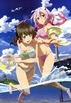  absurdres ball bandeau beachball bikini breasts brown_eyes brown_hair cleavage cloud day guilty_crown highres itadaki_shinji long_hair medium_breasts menjou_hare multiple_girls non-web_source nyantype o-ring o-ring_top official_art one_eye_closed outdoors partially_submerged pink_hair red_eyes scan sky swimsuit water wet yuzuriha_inori 