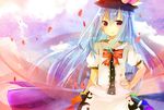  blouse blue_hair bow cloud food fruit hat hinanawi_tenshi long_hair peach skirt sky tamagogayu1998 touhou very_long_hair 