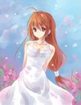  ahoge arms_behind_back bad_id bad_pixiv_id blue_background brown_eyes brown_hair copyright_request dress flower long_hair mielang petals smile solo white_dress 