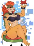 2023 absurd_res anthro artist_logo big_breasts blush bottomwear bowser bra breasts cheekychiru claws cleavage clothed clothing crossgender english_text female fungus hair hi_res horn koopa logo looking_at_viewer mario_bros mostly_nude mushroom nintendo open_mouth panties red_hair reptile scalie shell sitting small_waist solo super_mushroom tail text thick_thighs underwear