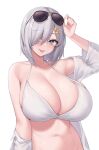  1girl arm_up bikini blue_eyes breasts cleavage collarbone eyewear_on_head grey_hair hair_between_eyes hair_ornament hair_over_one_eye hairclip hamakaze_(kancolle) highres huge_breasts kantai_collection kuavera looking_at_viewer medium_hair navel open_clothes open_shirt shirt skindentation solo sunglasses swimsuit tongue tongue_out upper_body white_bikini white_shirt 