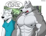 abs anthro blue_clothing blue_shirt blue_topwear canid canine canis clothed clothing duo english_text eyebrows eyewear fur glasses hi_res male male/male mammal muscular muscular_anthro muscular_male pecs red_tongue ruffusbleu shirt speech_bubble teeth text tongue topwear wolf