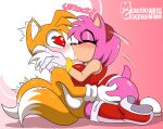 &lt;3 &lt;3_eyes absurd_res amy_rose big_breasts boots breasts clothing dipstick_tail eyes_closed female footwear french_kissing hand_on_head hi_res kissing leg_grab male markings miles_prower moisesgrafic sega short_stack sonic_the_hedgehog_(series) tail tail_markings text thigh_grab