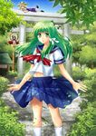  alternate_costume blonde_hair green_eyes green_hair hat kochiya_sanae moriya_suwako multiple_girls navel on_top_of_pole purple_hair ribbon rope sato-pon school_uniform serafuku shide shimenawa shrine skirt stone_torii torii touhou tree white_legwear yasaka_kanako 