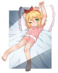  1girl absurdres arms_up bare_legs barefoot bed_sheet blonde_hair blush child collarbone collared_shirt feet flat_chest full_body green_eyes hair_between_eyes hair_ribbon hairband highres idolmaster idolmaster_cinderella_girls idolmaster_cinderella_girls_u149 looking_at_viewer lying on_back one_eye_closed pajamas pillow pink_pajamas pink_shirt pink_shorts red_hairband red_ribbon ribbon sakurai_momoka shirt short_hair shorts sweatdrop thighs toes yokappa_(jokappa) 