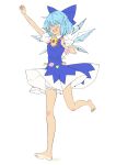  1girl absurdres arm_up barefoot bloomers blue_bow blue_dress blue_eyes blue_hair blush bow cirno clenched_hands commentary_request dress fang flower full_body hair_bow highres ice ice_wings open_mouth pink_flower puffy_short_sleeves puffy_sleeves seika_okawari shirt short_sleeves simple_background sleeveless sleeveless_dress smile soles solo standing standing_on_one_leg sunflower tan tanned_cirno touhou v-shaped_eyebrows white_background white_shirt wings 