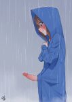  1girl absurdres blue_raincoat blush brown_eyes brown_hair censored closed_mouth commentary_request erection exhibitionism futanari highres hood hood_up kanjukutomato11 mosaic_censoring naked_raincoat original outdoors penis public_indecency rain raincoat solo wet wet_clothes 