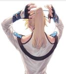  1boy absurdres black_gloves blonde_hair facing_away fingerless_gloves from_behind gloves guilty_gear guilty_gear_xrd highres ky_kiske long_hair long_sleeves male_focus onigiri_post_0 ponytail ponytail_holder simple_background solo tail tail_ornament tying_hair white_background 