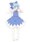  1girl absurdres barefoot blue_bow blue_dress blue_eyes blue_hair blush bow cirno clenched_teeth collared_shirt commentary crying dress fairy_wings feet full_body furrowed_brow hair_bow hands_up highres ice ice_wings looking_at_viewer neck_ribbon pinafore_dress puffy_sleeves red_ribbon ribbon rubbing_eyes sad seika_okawari shirt short_hair short_sleeves simple_background sleeveless sleeveless_dress solo standing tears teeth touhou white_background white_shirt wings 