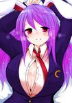  after_paizuri after_sex animal_ears arms_behind_head arms_up blazer blush breasts bunny_ears cleavage crescent cum cum_on_body cum_on_breasts cum_on_upper_body han_(jackpot) huge_breasts jacket light_smile looking_at_viewer lying necktie on_back open_clothes open_shirt purple_eyes purple_hair red_eyes red_neckwear reisen_udongein_inaba shirt solo touhou upper_body 